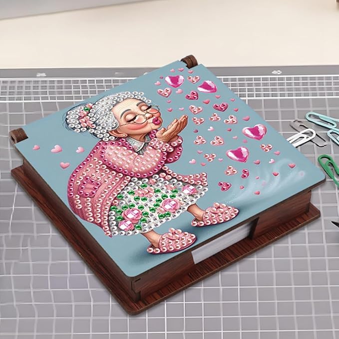 Wooden DIY Cute Old Lady Diamond Art Notecard Box – DIY Gem Art Sticky Note Holder for Adults 160 Sheets Memo Pad Storage