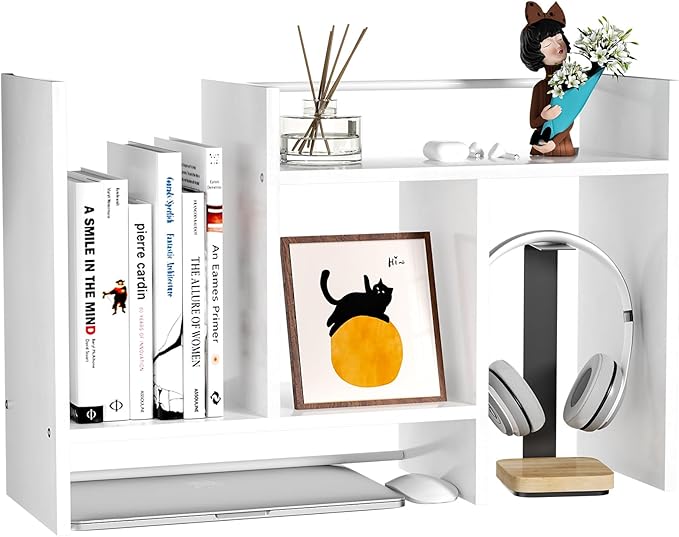 Desktop Organizer Shelf, Adjustable Wooden Double-Tier H-Shape Mini Bookcase, Multi-Use Office Storage Rack for Desk Top/Corner, Table Top Shelving & Office Organization Accessories (White)