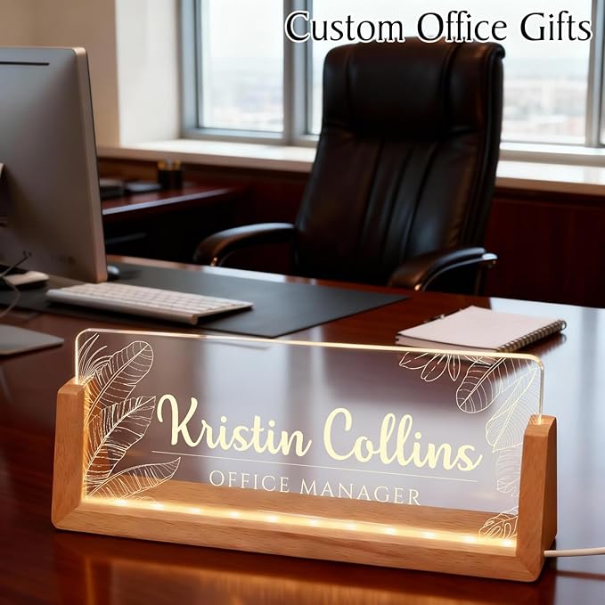 Personalized LED Name Plate for Desk, Light Up Acrylic Office Decor Desk Name Plate with Wooden Base, Custom Name Logo Quote, Appreciation Gifts for Boss Coworkers Employee Women Men (Jungle)