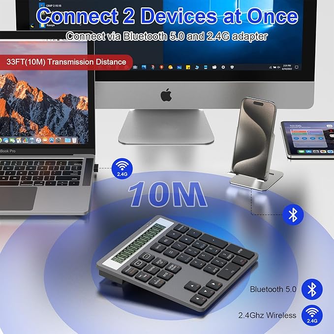 2 in 1 Bluetooth Number Pad with Display Calculator - Wireless Number Pad Portable 2.4G for Laptop/PC, 34 Key Quiet Numeric Keypad Compatible with Windows/Mac/iOS/Android/Linux - (Accounting/Office)