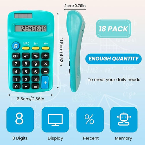 18 Pack Pocket Calculator Bulk: 8 Digit Hand Held Basic Calculator Small Solar Battery Dual Power Mini Calculators for Classroom Students Desktop School Home Office (Multicolor, 18 Pcs)