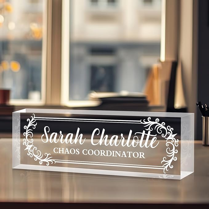 Custom Name Plate for Desk, Personalized Desk Name Plate on Clear Acrylic Glass, Appreciation Gifts for Teacher Employee Boss Coworkers Nurse, Office Desktop Accessories for Women Men (Engraved Thorn)