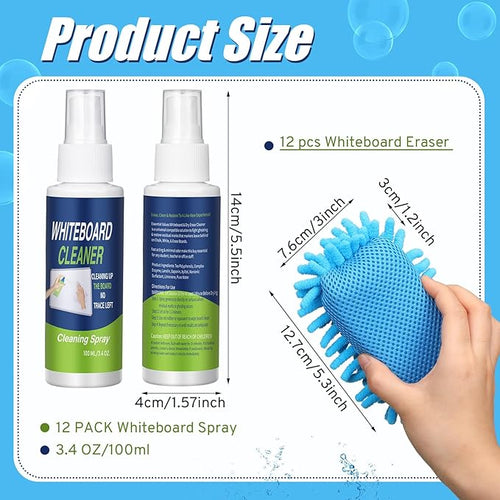 24 Pcs Whiteboard Cleaner Set 12 Pcs 3. 4 Fl oz Whiteboard Cleaner Spray with 12 Pcs Microfiber Shag Dry Erase Eraser for Markers Chalk Glass Classroom, Home and Office Use