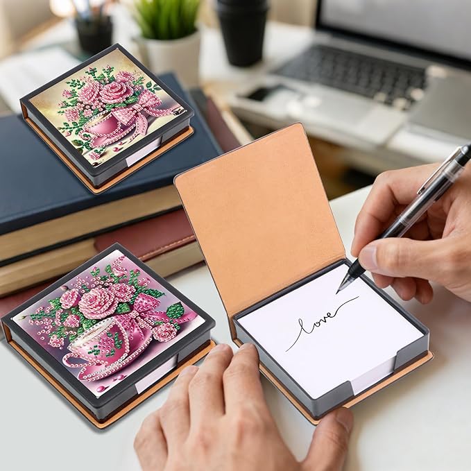 2 pcs Flower Diamond Painting Kit Note Box,Cup Memo Paper Storage Box Diamond Art,Sticky Note Holder Diamond Art,Diamond Painting Memo Pad For Office Desk. (Cup and Flower)