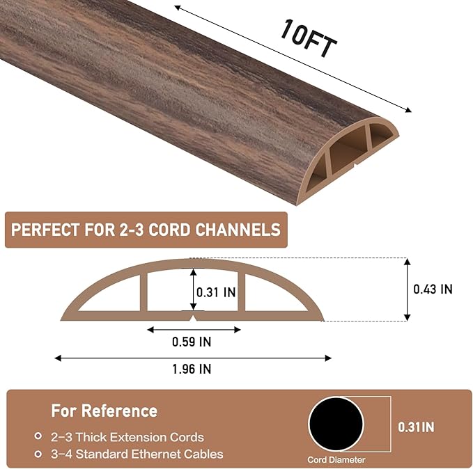 Floor Cord Cover Self Adhesive Cord Hider Floor Extension Cord Covers for Floor Power Cord Protector Cable Management Prevent Cable Trips Cable Cavity 0.59" W x 0.31" H (Smoked Brown Wood, 10Ft)