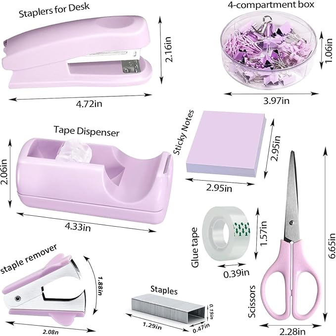Purple Office Desk Accessories,Purple Office Supplies Set,Stapler and Tape Dispenser Set,Tape,Staple Remover, Staples,Paper Clips,Scissor,Sticky Note and Desk Drawer Organizer