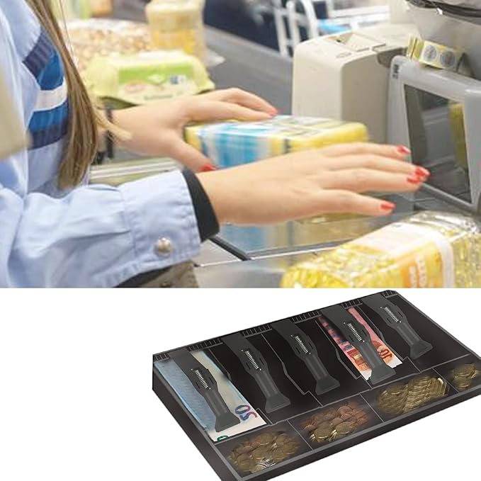Cash Register Drawer for Money Storage, Cash Tray with 5 Bill/4 Coin Compartments for Supermarkets, Shops, Hotels (Black)