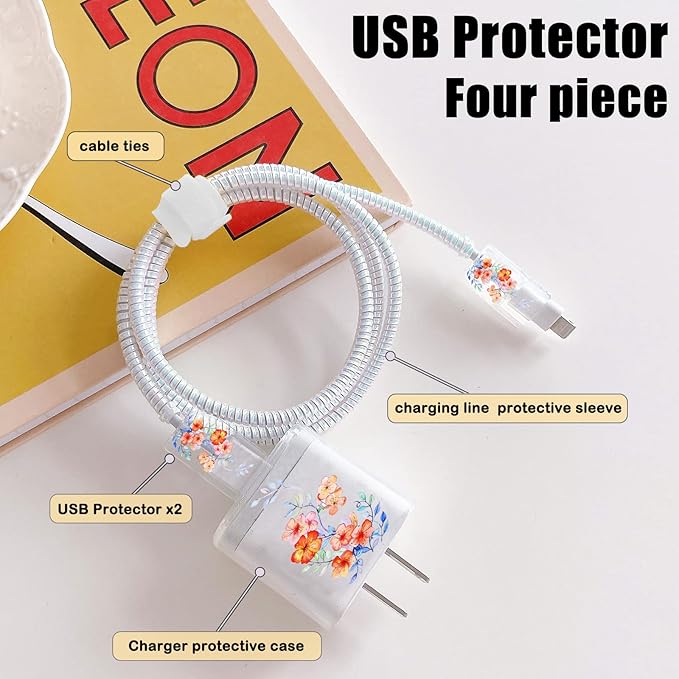 Cute Flowers Protectors Lightning Cable Protector Cover for iPhone Charger,Pink Cherry Blossoms Pattern,Data Cable Type-c Charger Data Line Earphone Wire Saver for iPhone X 13 12 11 14 Pro Max