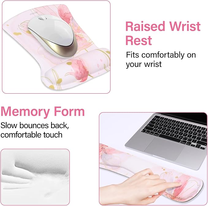 MOSISO Desk Mat Keyboard Mouse Pad Set, Large Gaming Mouse Pad&Keyboard Wrist Rest&Mousepad with Wrist Rest&Coaster, Ergonomic Non-Slip Home Office Mousepad with Memory Foam, Pink