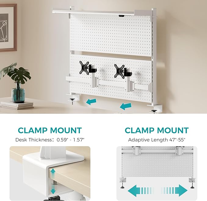 EUREKA ERGONOMIC Desk Pegboard with Dual Monitor Stands, LED Metal Pegboard for Gaming Desk, Privacy Panel with 4 Accessories Modular Hanging, Computer Accessories for Office, 43 x 34 Inch, White