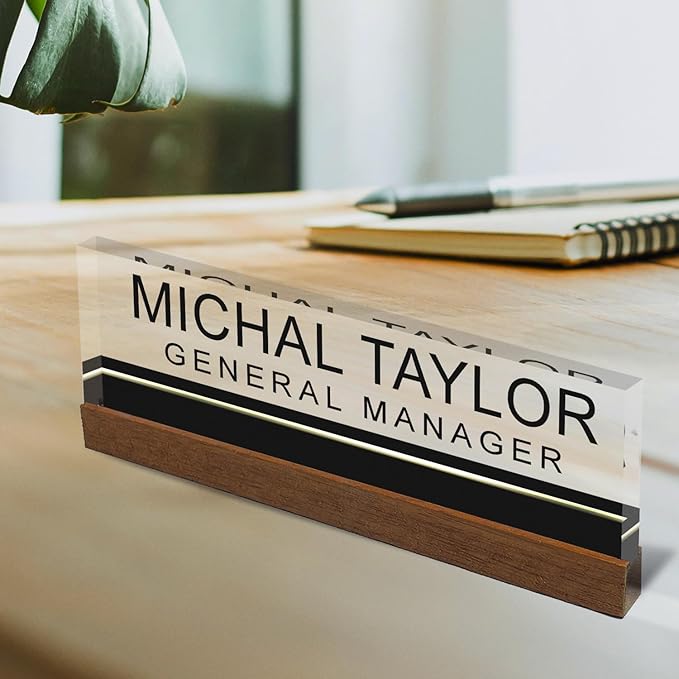 Artblox Personalized Office Desk Name Plate and Business Card Holder | Clear Acrylic Glass with Teak Wood Stand | Black Stripe Design Customized with Your Name and Credentials Office Desk Decor