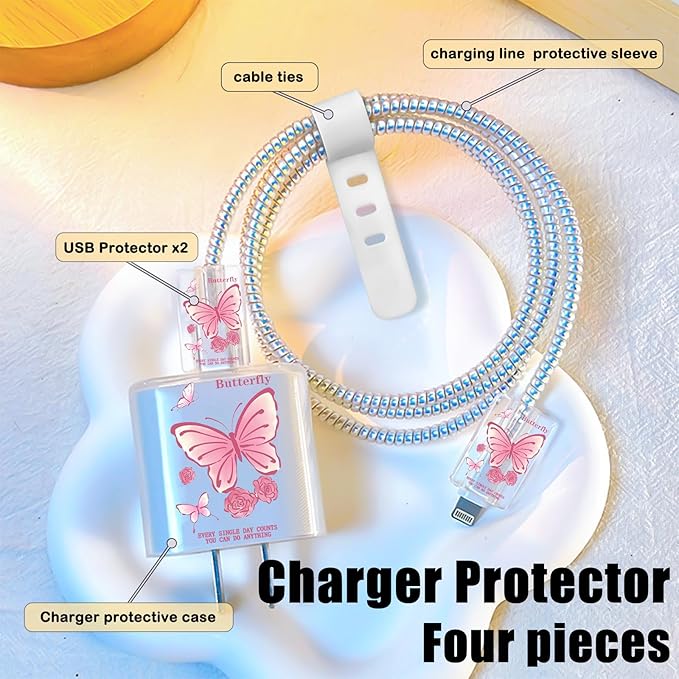 Lovely DIY Cable Protector for iPhone 18W/20W Adapter Charger, Cute Pink Butterfly Design Transparent Data Line Cable Saver Phone Charging Protector for Apple Charger Case
