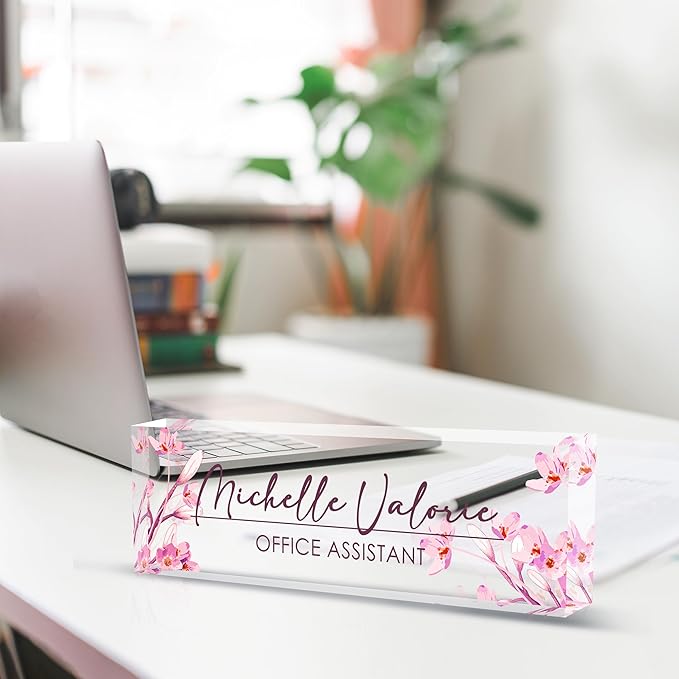 Personalized Name Plate for Desk, Custom Desk Name Plate, Acrylic Name Plate Office Desk Accessories, Personalized Office Gifts for Coworkers Teachers, Employee Appreciation Gifts (A-Pink Flower)
