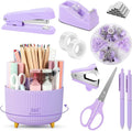 SKYDUE Purple Office Supplies Set, Purple Office Desk Accessories 10PCS, Pencil Holder for Desk, Stapler, Tape Dispenser, Scissors, Ruler, Binder/Paper Clips and 1000pcs Staples,Desk Supplies Set