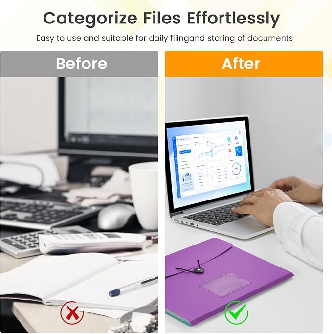 Accordion File Organizer, 7 Pockets Expanding File Folder with Labels, A4/Letter Size Portable Folders for Documents, Paper Organizer for School Office Supplies, Purple