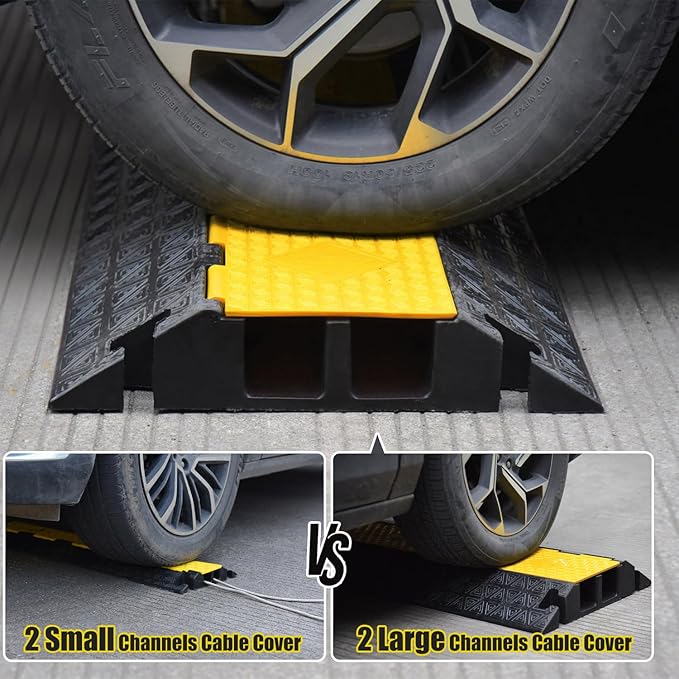 Large 2-Channel Rubber Floor Cable Protector Ramp, Heavy-Duty Floor Cable Wire Cord Cover Speed Bumps, Driveway Hose Cable Ramp Protective Cover (2 Large Channels)