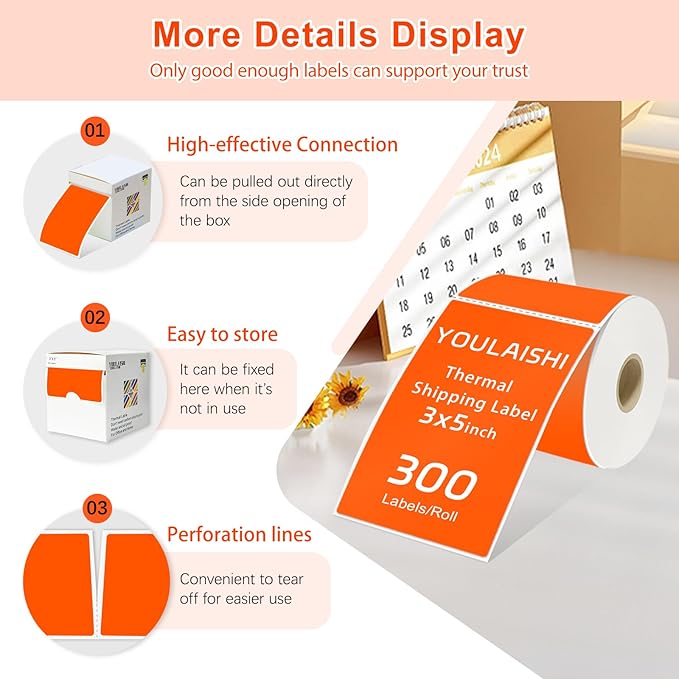 YOULAISHI 3 X 5 Inch Printable Waterproof Rectangle Color Coding Labels, 300 Per Roll Adhesive Color Coding Stickers for Bar-Codes, Address, Small Business Labeling, Fluorescent Orange