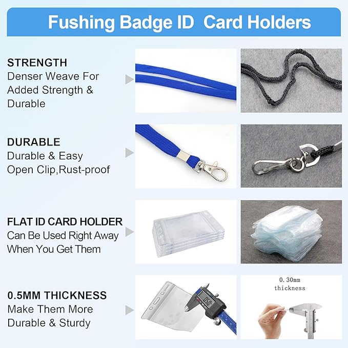 Fushing 50pcs Clear Plastic Vertical Name Tags Badge ID Card Holders and Blue Neck Lanyards with Swivel Hook for School, Festival, Event (XXL)