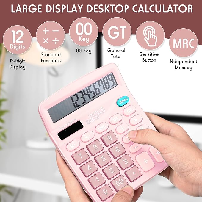 Konohan 8 Pieces 12-Digit Calculator, Solar Basic Desktop Calculator Large Display Electronic Dual Power Handheld for Home Office School(Pink)
