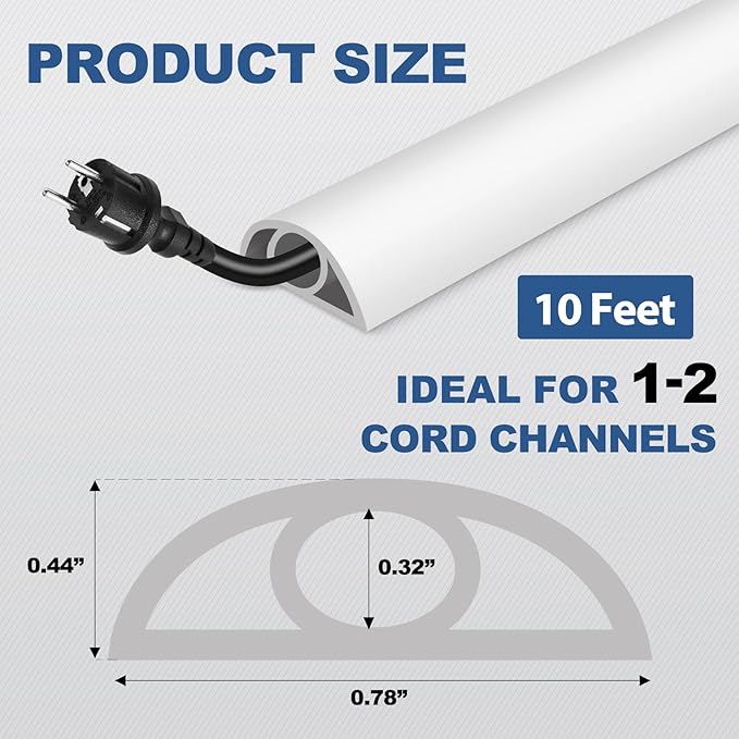 Floor Cord Cover for Wires on Floor Self Adhesive Cord Hider Floor Cable Management Wire Covers for Cords Protector Prevent Cable Trips Cord Cavity W 0.32" x H 0.32", White, 10Ft