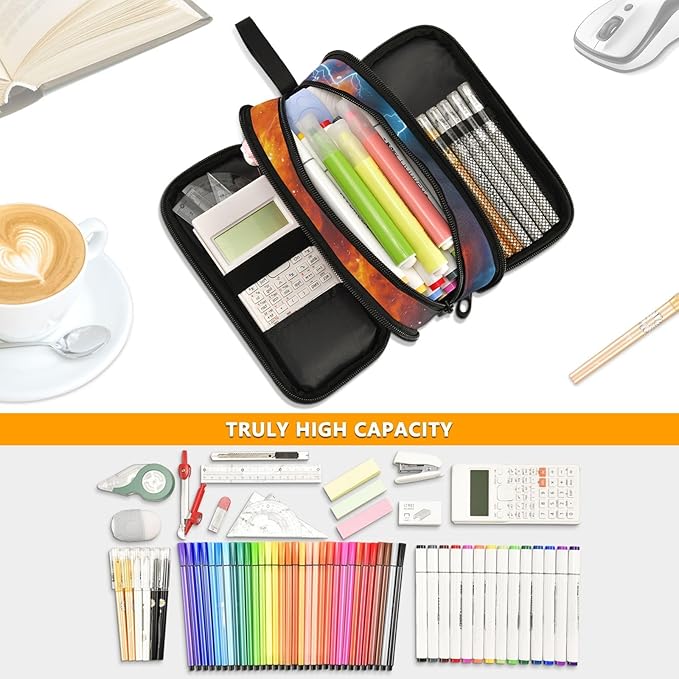 Football Water and Fire Pencil Case Box for kids Teens Boys Girls Large Pencil Pouch with Zipper Compartments Big Capacity Stationery Pen Bag Organizer for Kids Teens Adults School Office