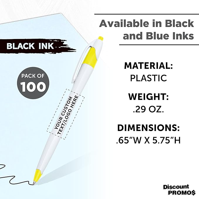 DISCOUNT PROMOS Custom Slim Curvy Ballpoint Pens Set of 100, Personalized Bulk Pack - Black Ink, Retractable, Great for Office, School, Tradeshows - Yellow