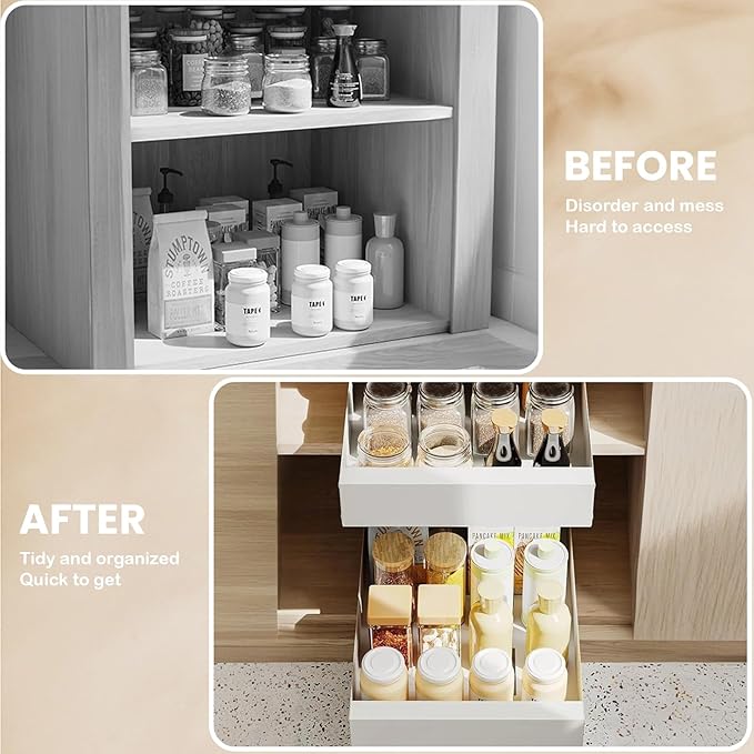 FILTA 2Pack Expandable Pull-Out Cabinet Organizer 21" Deep Slide Out Drawers, Upgrade 3 Slide Rails, Adjustable Width 12.4”-20.4”, With Screws and Nano Film Adhesive, White