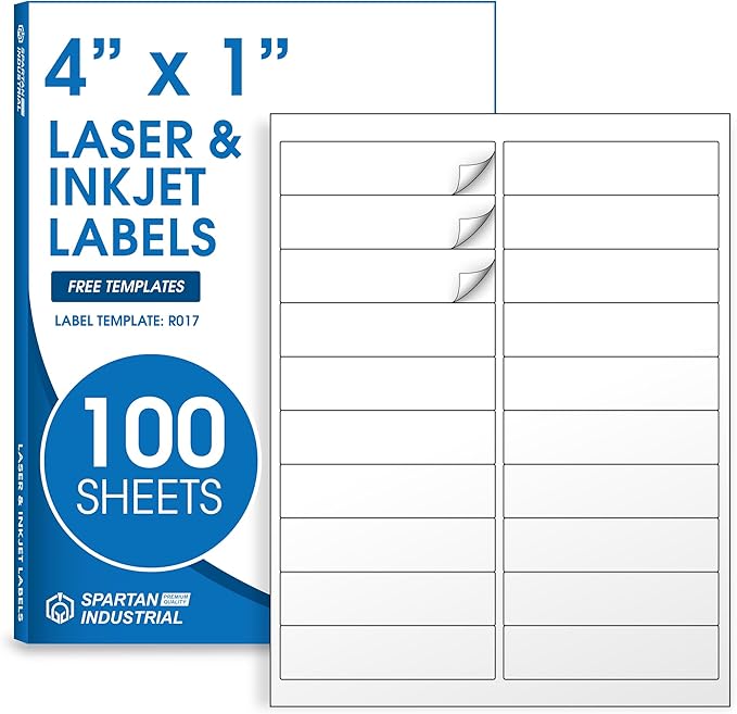 4" X 1" Matte White Printable Labels Compatible with Inkjet and Laser Printers - 100 Sheets, 2000 Total Paper Stickers for Addresses, Mailing, and Barcodes - Spartan Industrial Template R017