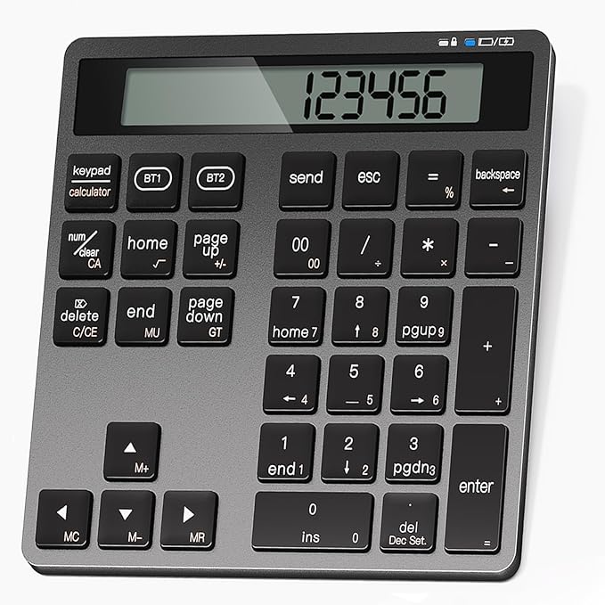 Rechargeable Wireless Number Pad for Laptop, Dual Bluetooth Number Keypad with Calculator Display, 34-Key Numeric Keypad for Windows, Mac, PC, Tablet