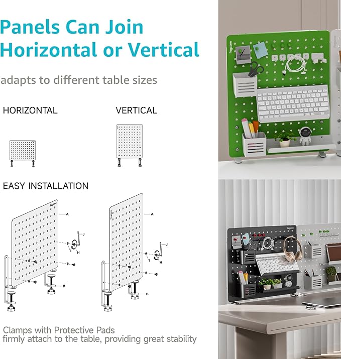 PEGZONE Clamp-on Desk Pegboard, Desk Organizer for Office Gaming Home, Magnetic Metal Peg Board with 15 Accessories, Privacy Panel for Office, 20.4" x 16.5", Large, Black