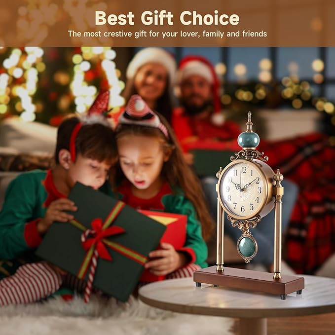 Vintage Table Clock with Turquoise Accents, Silent Non-Ticking, Wood Base and Metal Frame, Decorative Antique Design