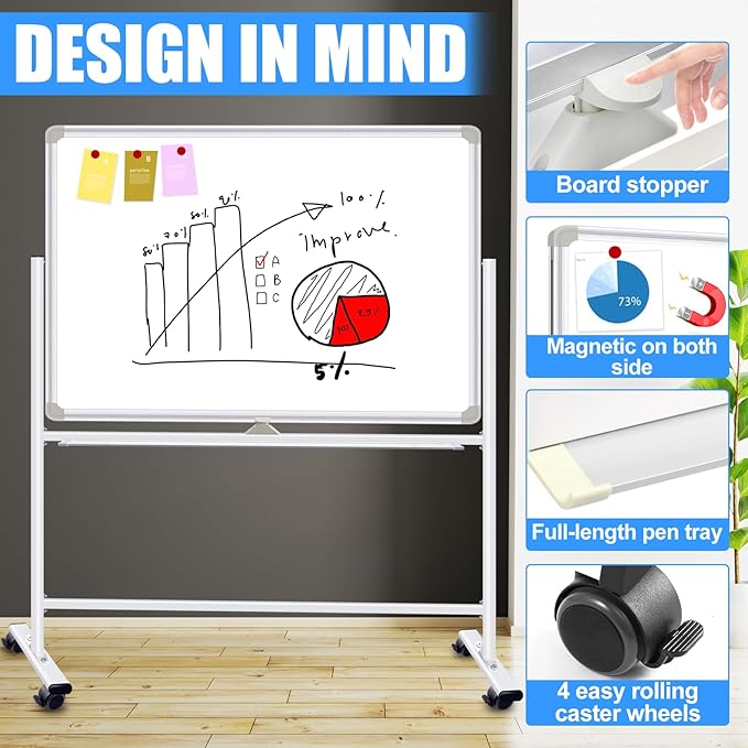 Dry Erase Board with Stand - 40x28 Inches Double-Sided Mobile Standing Whiteboard on Wheels, Rolling White Board for Home Classroom Office School, Magnetic Whiteboard Easel for Meeting, Training