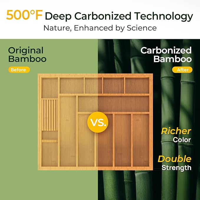 Carbonized Large Bamboo Kitchen Drawer Organizer, 12 Slots Expandable Silverware Organizer, Utensil Holder & Cutlery Tray, 2.5" Deep for Extra Capacity, Non-Slip Feet Included