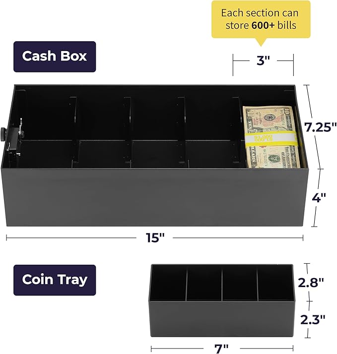 Volcora Cash Box Money Organizer - 15” x 7.5” x 4” Cashbox 5 Compartments Drawer Tray - Bills and Coin Slot with Combination Lock for POS Register, Kiosk, Retail, Personal and Business Use, Black