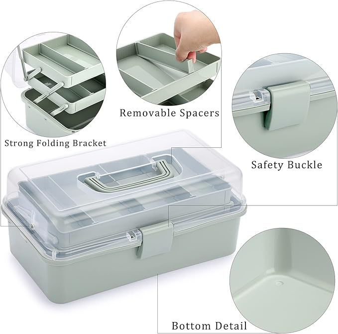 BTSKY 3-Layer Plastic Dividing Storage Box Craft Organizer and Storage with Adjustable Spacers Portable Handled Art Supply Organizer Multipurpose Home Utility Box for Medicine Sewing(Haze Green)