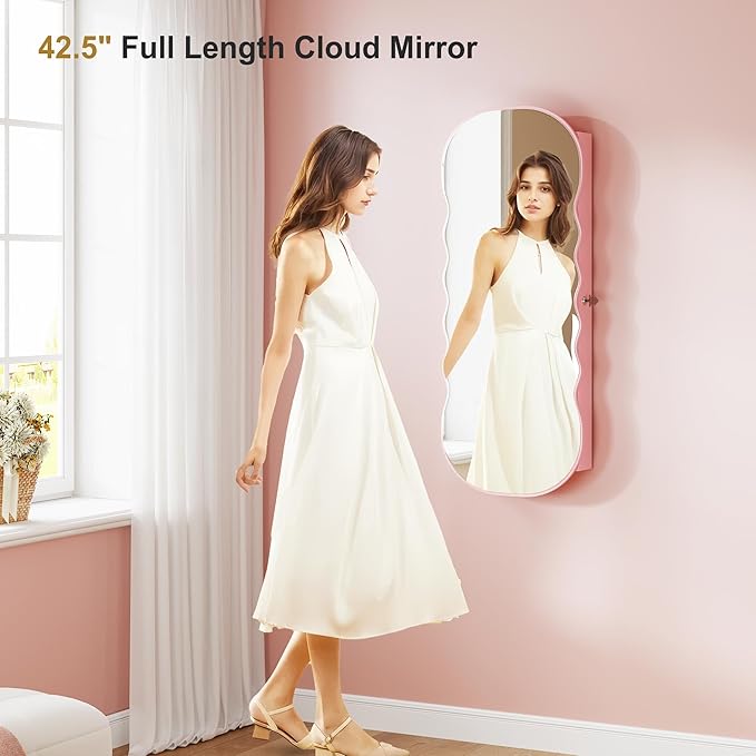 HNEBC LED Mirror Jewelry Cabinet,Wall or Door Mounted Jewelry Armoire Organizer with Lights,Lockable Wide Wavy Mirror with Storage,42.5" L Full Length Mirror with Jewelry Storage,Interior Mirror