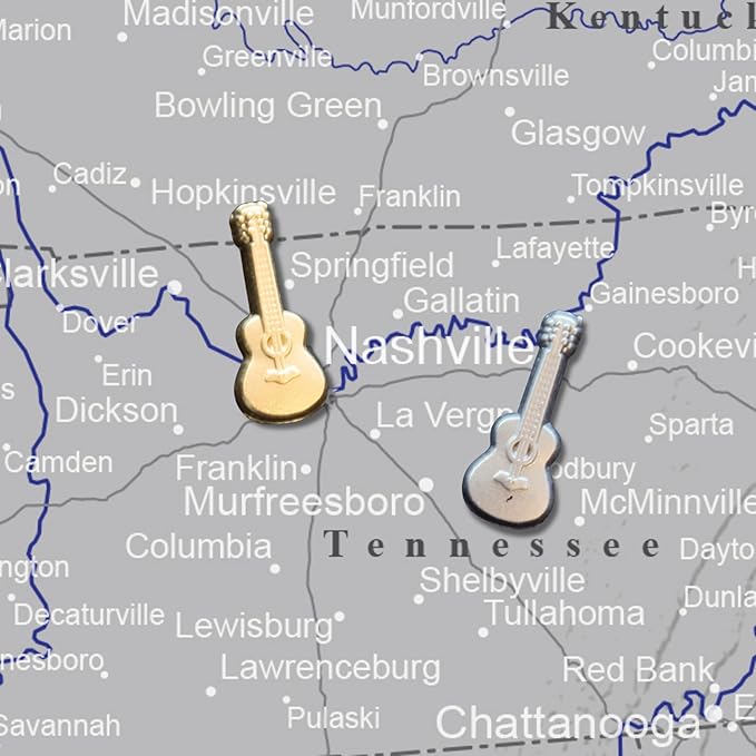Guitar Push Pins - Gold Guitar Map Pins for Cork Boards, Maps, or Lapel Use - Designed in USA - Set of 4
