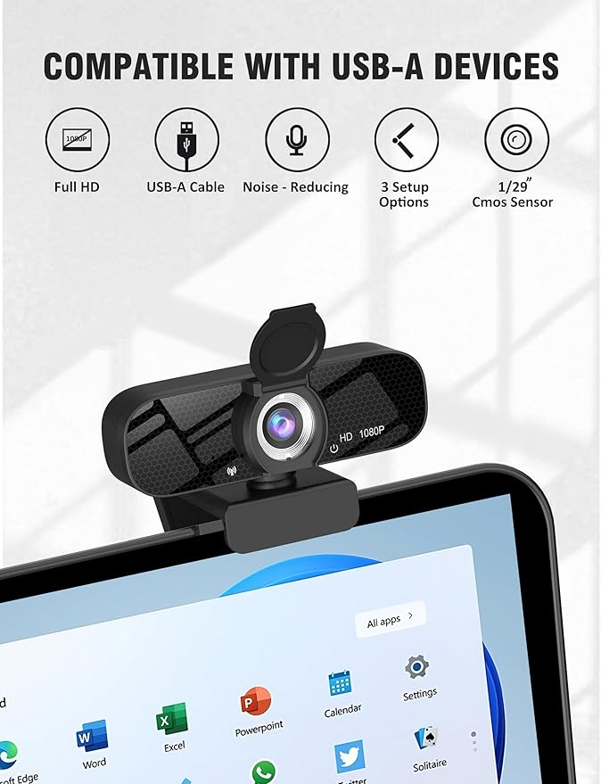 Tewiky 1080P Webcam with Microphone and Rotatable Tripod Wide Angle Camera for Desktop PC or Laptop Computer,Plug and Play, for Zoom/Skype/Teams, Conferencing and Video Calling