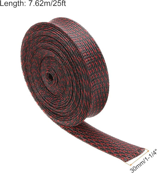 25ft PET Expandable Wire Loom 1.25 Inch, PET Braided Wire Sleeving Cable Management Sleeve Tubing [for Audio Video Home Office Cord Protector]-Black, Red