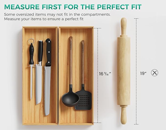 Long Bamboo Kitchen Drawer Organizer Boxes – 17" x 6" Stackable Wood Silverware Utensil Tray for Drawers Bins Cutlery & Flatware Storage – Wooden Pantry Organizers Set of 2 for Junk Drawer Bathroom Rv