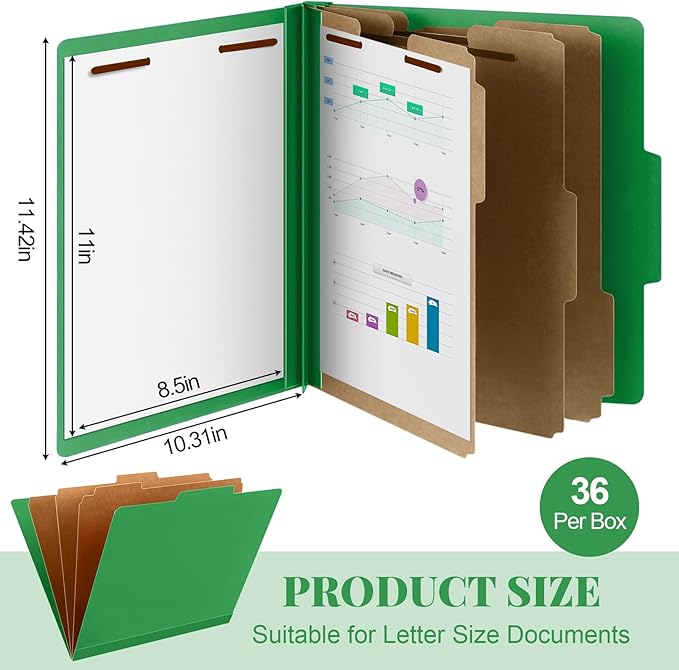 Skyygemm 36 Pcs Classification Folders Letter Size, 3 Divider Pressboard File Folder with Fasteners, Expanding File Organizer Bulk for Teachers, Clergy, Office, Church, Christmas Donations (Green)