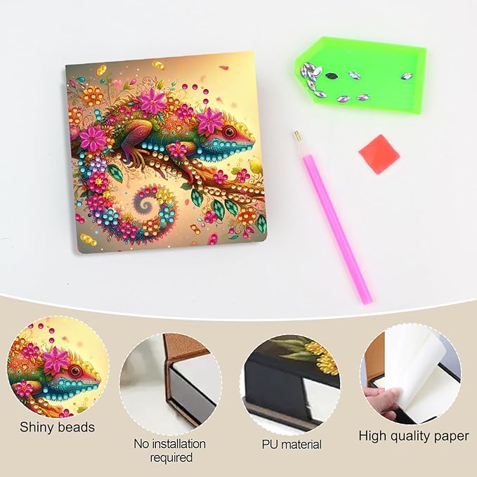 Chameleon Diamond Painting Note Box Memo Pad Holder, Diamond Art Sticky Notes Organizer for Desk, Aesthetic Stationery Storage Case for Office,School Supplies (Chameleon)
