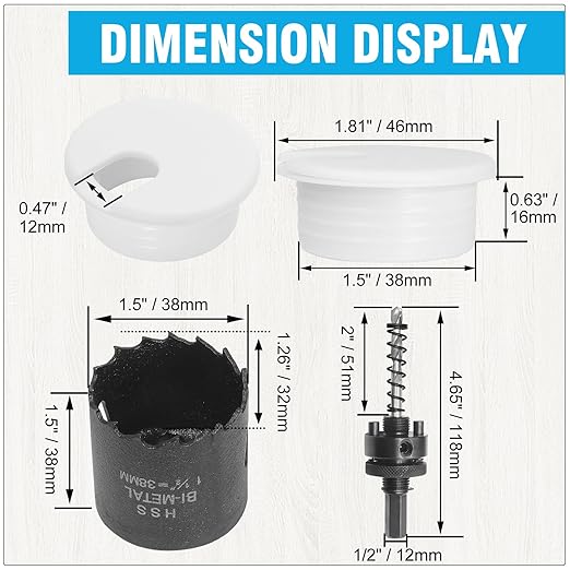 1-1/2" White Desk Grommet with Bi-Metal Hole Saw, JTemgle Plastic Cable Hole Cover Computer Table Cord Wire Organizer Caps, Desktop Cord Management for Home Office TV Stands Tabletops, 7 Pieces