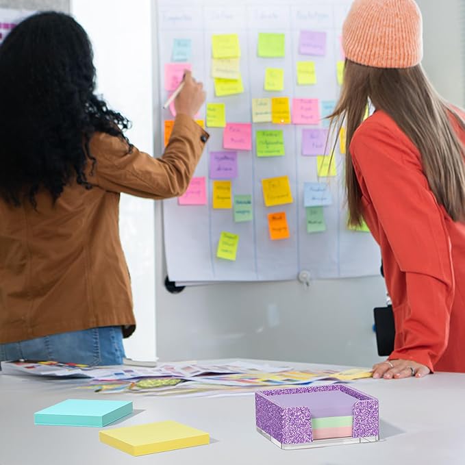 Sticky Note Holder, Glitter Purple Acrylic Notepad Holder 3x3 in Self-Stick Note Dispenser Office Desk Accessories, Memo Pad Holder Organizer for Classroom School Supplies