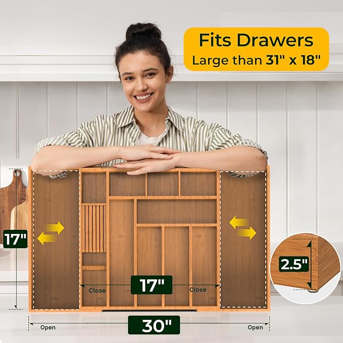 Carbonized Large Bamboo Kitchen Drawer Organizer, 12 Slots Expandable Silverware Organizer, Utensil Holder & Cutlery Tray, 2.5" Deep for Extra Capacity, Non-Slip Feet Included