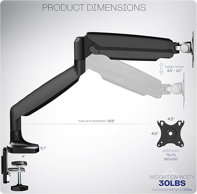 VIVO Premium Aluminum Heavy Duty Single Monitor Arm for Ultrawide Monitor up to 40 inches and 30 lbs, Desk Mount Stand, Pneumatic Height, Max VESA 100x100, Black, STAND-V110Q