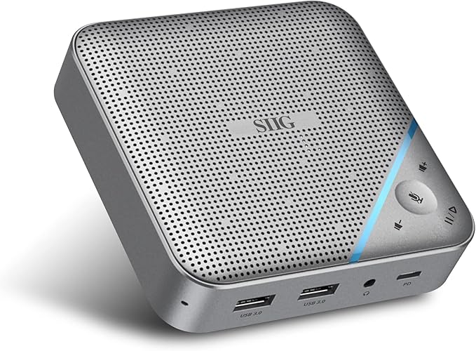 SIIG USB-C Multitask Mini Dock with Conference Speaker, Omnidirectional Microphone, Touch Volume Control, 4K HDMI, USB 3.0, 85W PD, Plug-N-Play, Mac and Windows, Silver (JU-DK0S11-S1)