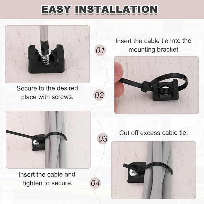 MECCANIXITY 60pcs 0.89" Cable Tie Saddle Type Mounts Base with 6" Cable Zip Ties and M5 Tapping Screws, Wire Organizer Holder Clamps Set, Black