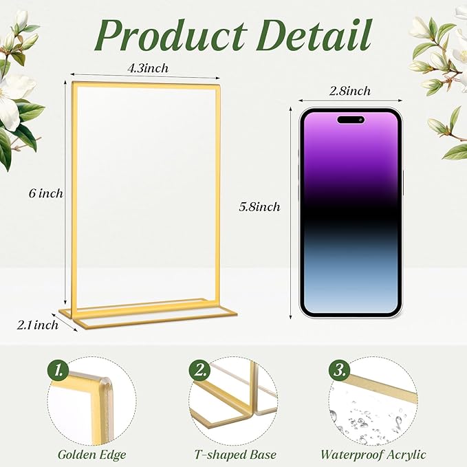 10 Pack Gold Acrylic Sign Holders 4x6 Inch, Double Sided Vertical Stand Clear Picture Frames, Table Menu Display Holders for Wedding Table Numbers, Restaurant Signs, Party and Office Photos