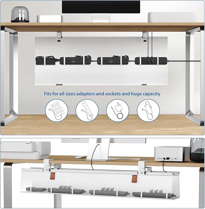 Zilink Large Cable Management Under Desk 40" No Drill Desk Cable Management Clamp/Screw Mount Fabric Cable Tray Sturdy Waterproof Cable Organizer for Office, Home, White